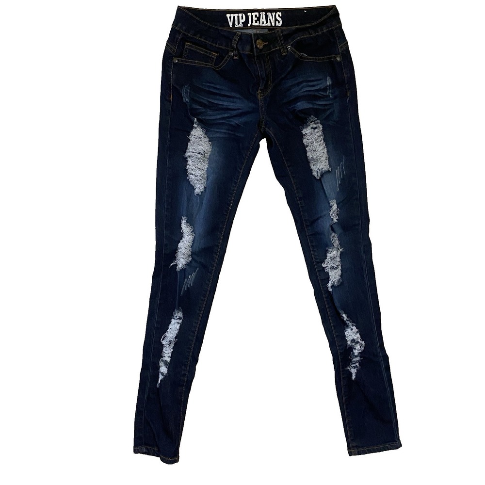 VIP SkinnyJeans Women Size 7/8 Low Rise Ripped Edgy Dark Wash Stretch Streetwear